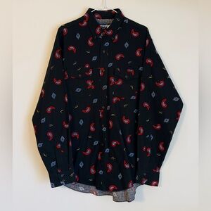 Vintage Brush Popper Wrangler Black and Red Paisley Cowboy Cut Shirt 90’s